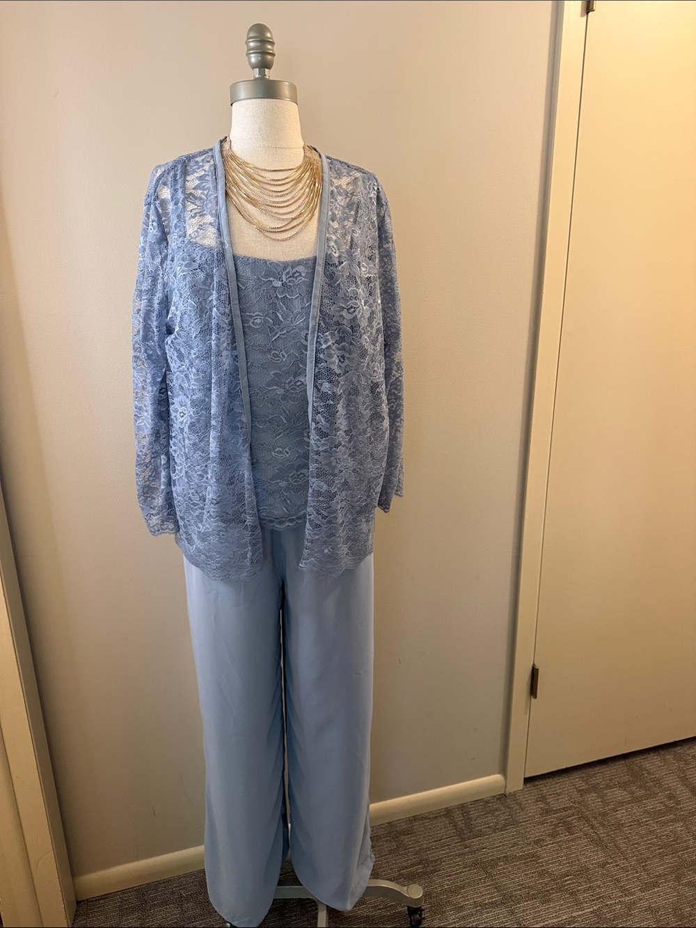 Three piece Light Blue Lace Jacket & Jumpsuit Set